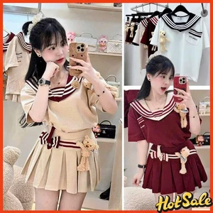 Sét Váy Nữ Sang Chảnh Tặng 2 Charm Gấu Bông Phối Khăn Thuỷ Thủ Mazo Mix Chân Váy Xếp Basic Dễ Thương