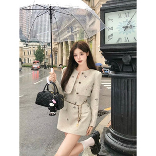 Set váy dạ tweet hoạ tiết nơ kết hợp áo khoác dáng ngắn kèm belt dây xích sang chảnh