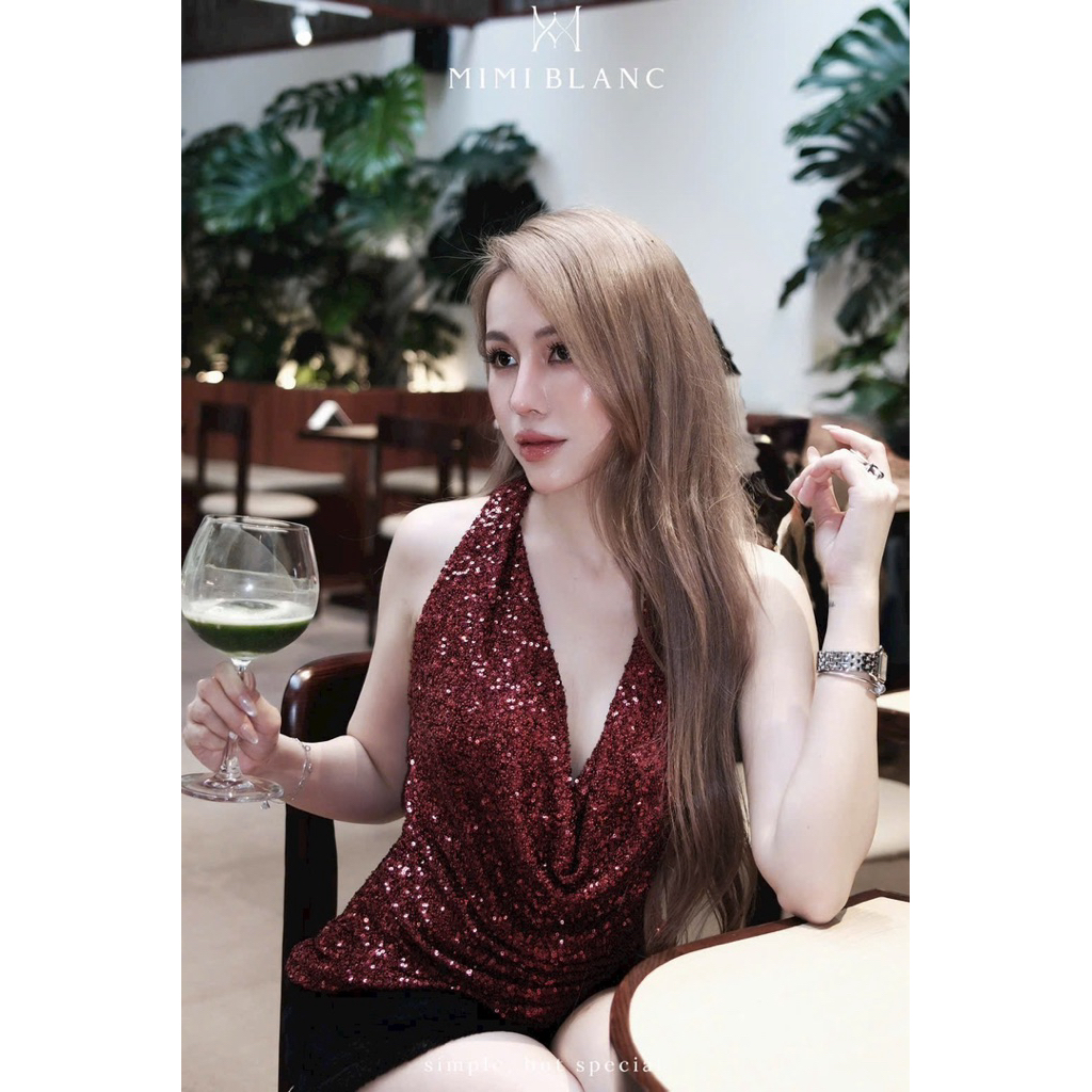 Áo ba lỗ kim sa cổ đổ Mimi Blanc