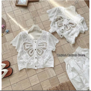 Áo kiểu màu trắng thêu hình bướm có tay chất thô đũi hàng QC