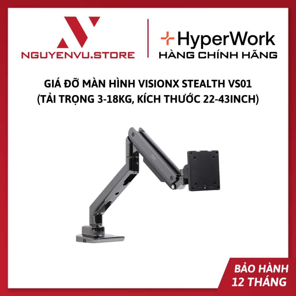 Giá đỡ màn hình Hyperwork VisionX Stealth VS01 - Tải trọng 3-18 Kg, Kích thước 22-43 inch - Hàng chính hãng
