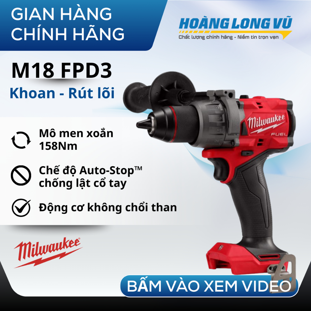 Máy khoan động lực pin Milwaukee M18 FPD3 2904-20 Gen 4, Công Suất Mạnh 158Nm, Khoan Tường Gỗ Sắt