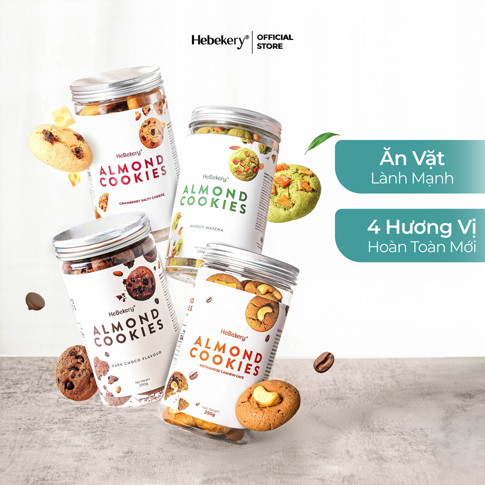 [Combo 3 Hũ] Cookies Hạnh Nhân Nguyên Cám 4 Vị Choco, Matcha, Cranberry, Cafe – Cookie Ăn Vặt Chuẩn Healthy HeBekery