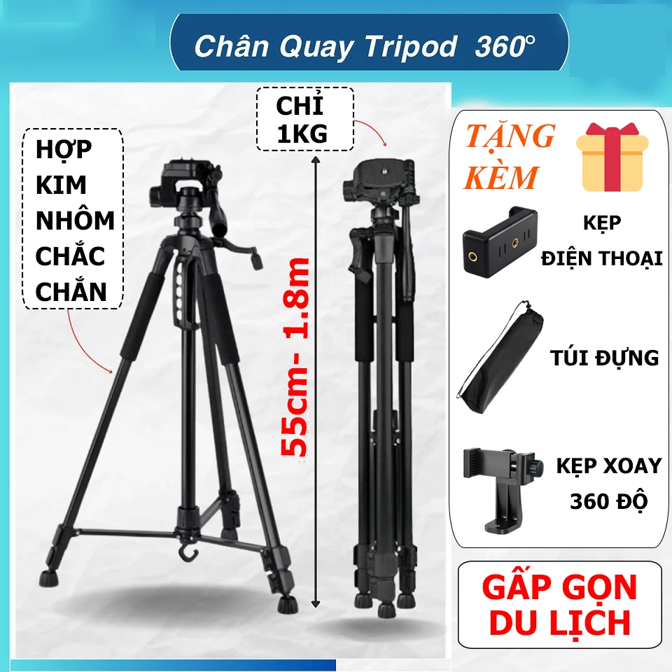 Tripod Máy Ảnh Kiêm Chân Quay Điện Thoại F360T Có Kẹp Xoay 360, Tripod ...