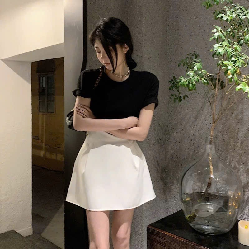 Chân váy ngắn chữ A nữ có túi – Chân váy chữ A công sở đi học đi chơi – Chất Kate Hàn trắng đen cao cấp