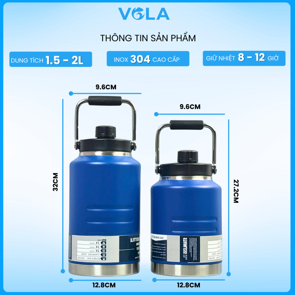 Bình Giữ Nhiệt VOLA 1500ml - 2000ml Inox 304 Cao Cấp, Có quai xách, Bình giữ nhiệt nắp nam châm