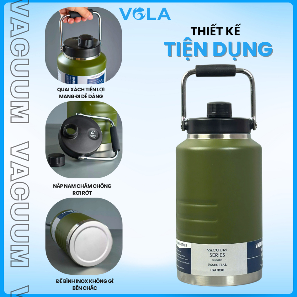 Bình Giữ Nhiệt VOLA 1500ml - 2000ml Inox 304 Cao Cấp, Có quai xách, Bình giữ nhiệt nắp nam châm