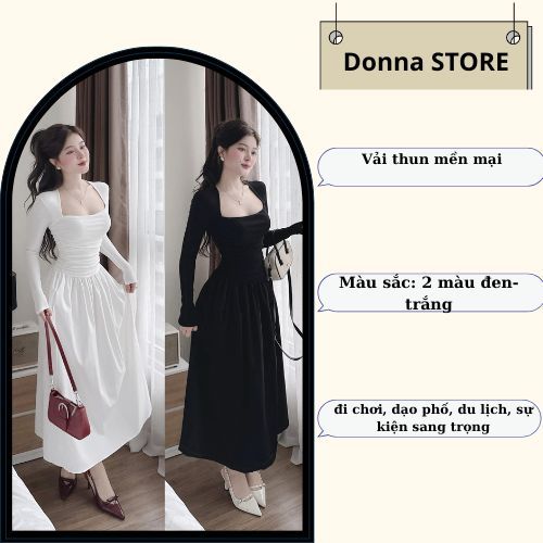 váy nữ , đầm nữ thu đông dài tay dáng xòe đuôi cá cổ vuông siêu sang đi chơi dự tiệc Donna Hcom3712