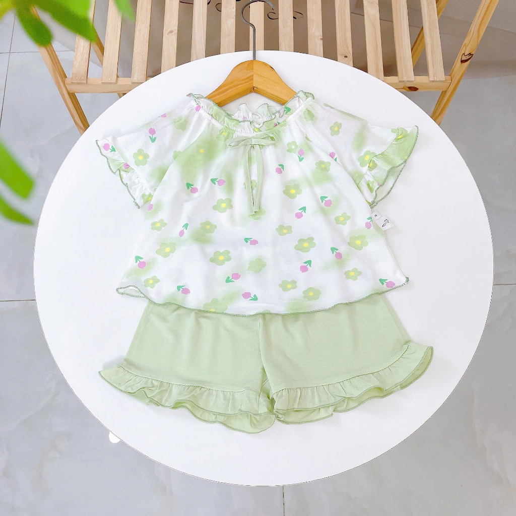 Bộ hè bé gái sợi sồi Modal Lá Homewear A247 mềm mát lạnh, bộ cộc tay bé gái babydoll
