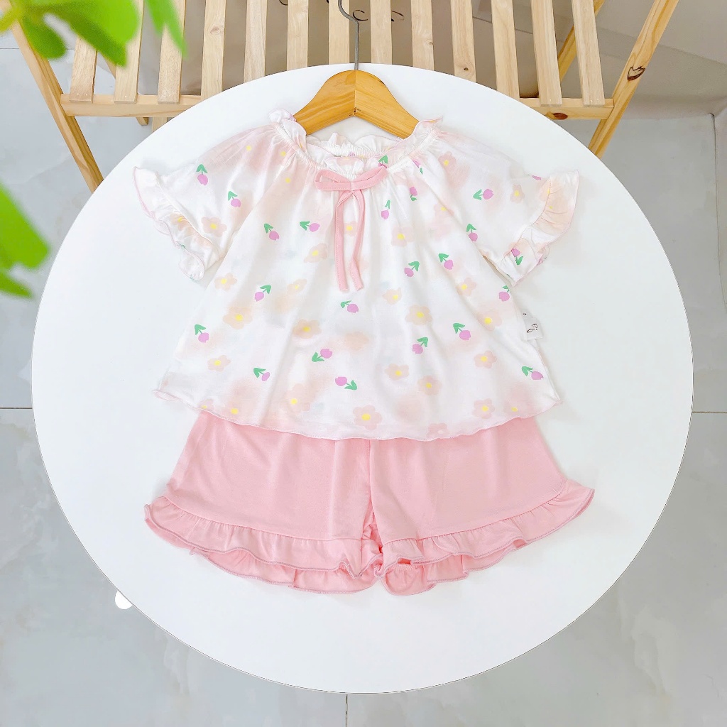 Bộ hè bé gái sợi sồi Modal Lá Homewear A247 mềm mát lạnh, bộ cộc tay bé gái babydoll