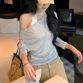 Sét áo 2 chi tiết Ba lỗ Tăm+ Áo Giấy Kẻ Lệch Vai Nữ Dài Tay Dáng New