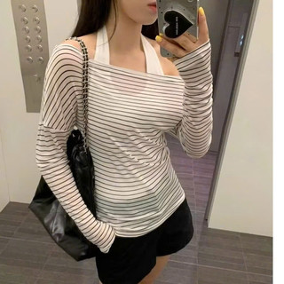 Sét áo 2 chi tiết Ba lỗ Tăm+ Áo Giấy Kẻ Lệch Vai Nữ Dài Tay Dáng New