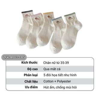Set 5 đôi tất nữ cổ ngắn họa tiết cún GOMTAT, chất liệu cotton cao cấp mềm mịn, hút ẩm thoáng khí - ZFK-A003-CB5