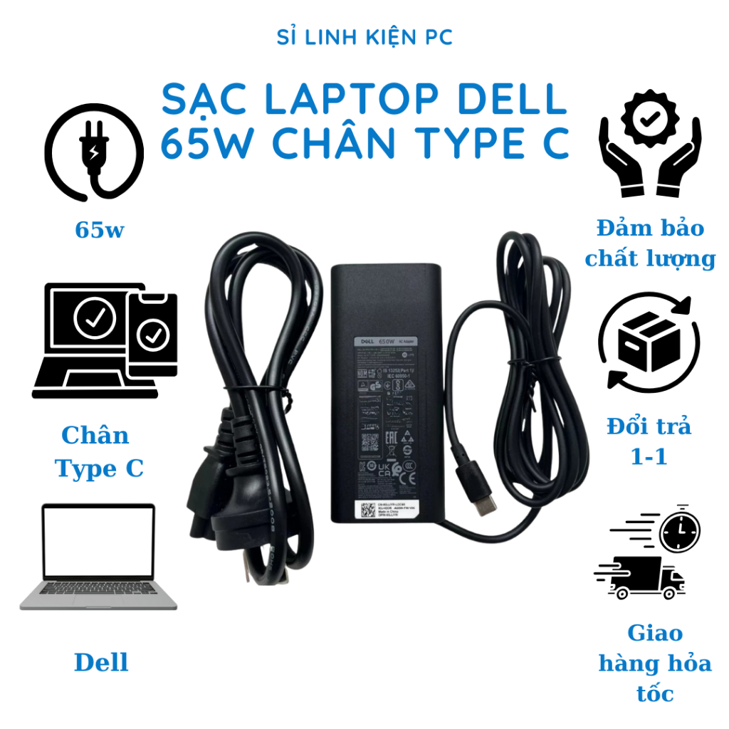 Sạc Laptop Dell 65W Oval (Type C) Zin Cao Cấp - Sạc Nhanh, An Toàn - Bảo Hành 12 Tháng