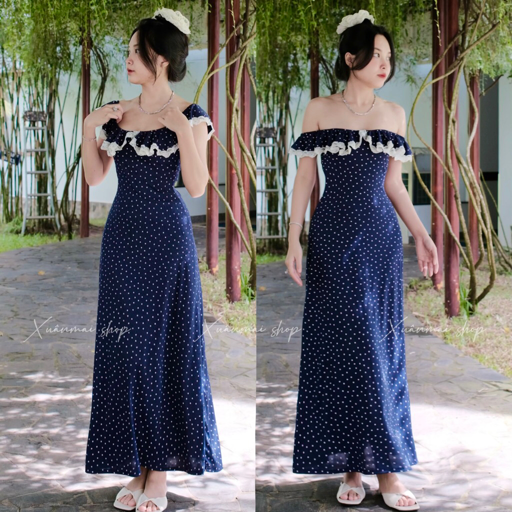 [Áo - Đầm] Đầm Trễ vai chấm bi dáng a dài thun tăm lạnh co giãn Xuân Mai Shop