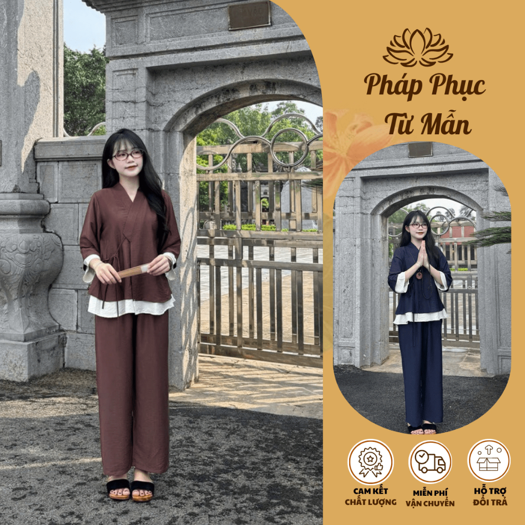 Đồ lam đi chùa vạt chéo đũi tơ 2 tầng Pháp phục lễ chùa cách tân tay lỡ thắt nơ đũi mềm mát mặc đi lễ tu tập-TH