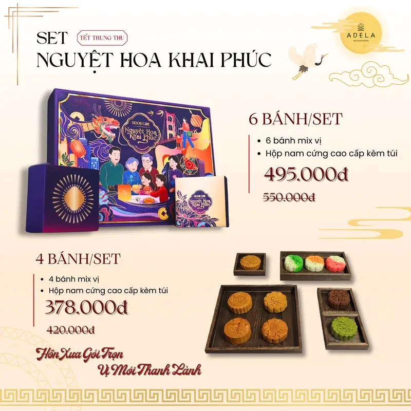 Bánh Trung Thu Nguyệt Hoa Khai Phúc – Hộp Quà Trung Thu Cao Cấp Adela Healthy Mooncake, mix ngẫu nhiên