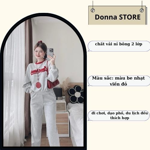 set đồ nữ mùa đông , đồ bộ nữ áo dài tay chát nỉ màu kem sáng thêu chữ cổ tròn viền đỏ xinh xắn Donna hcom3701