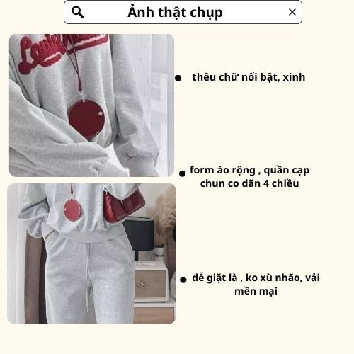 set đồ nữ mùa đông , đồ bộ nữ áo dài tay chát nỉ màu kem sáng thêu chữ cổ tròn viền đỏ xinh xắn Donna hcom3701