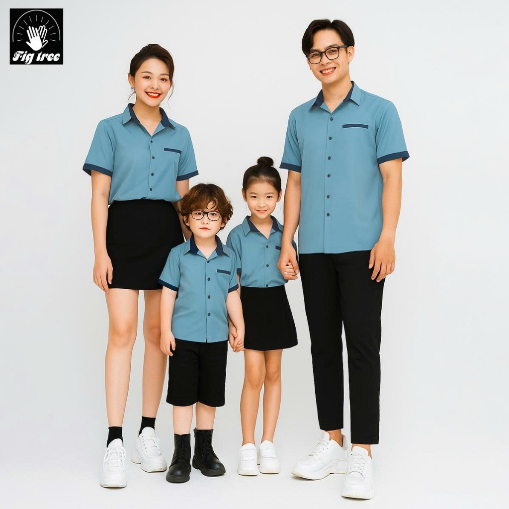 Combo Áo Sơ Mi Đồng Phục Gia Đình Fig Tree Xanh Mint Phối Siêu Xinh