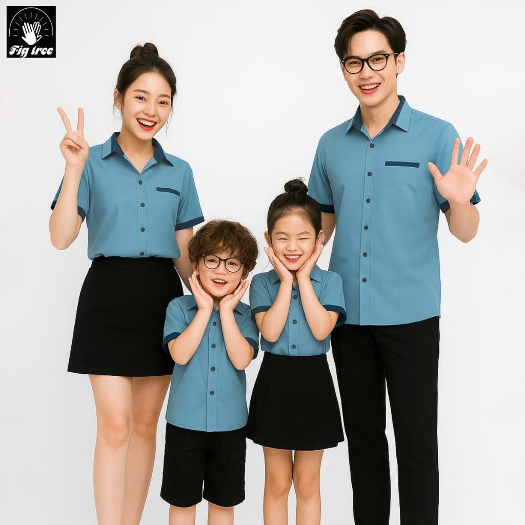 Combo Áo Sơ Mi Đồng Phục Gia Đình Fig Tree Xanh Mint Phối Siêu Xinh