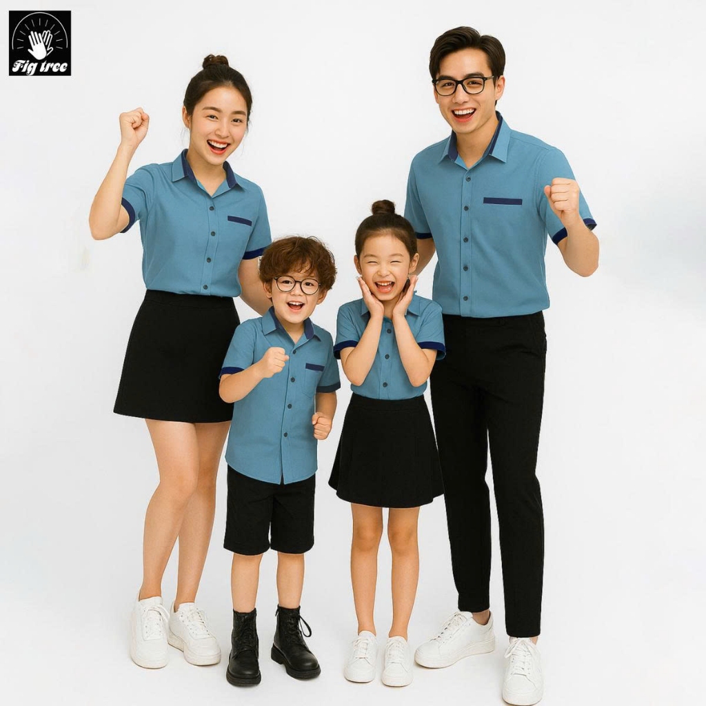 Combo Áo Sơ Mi Đồng Phục Gia Đình Fig Tree Xanh Mint Phối Siêu Xinh