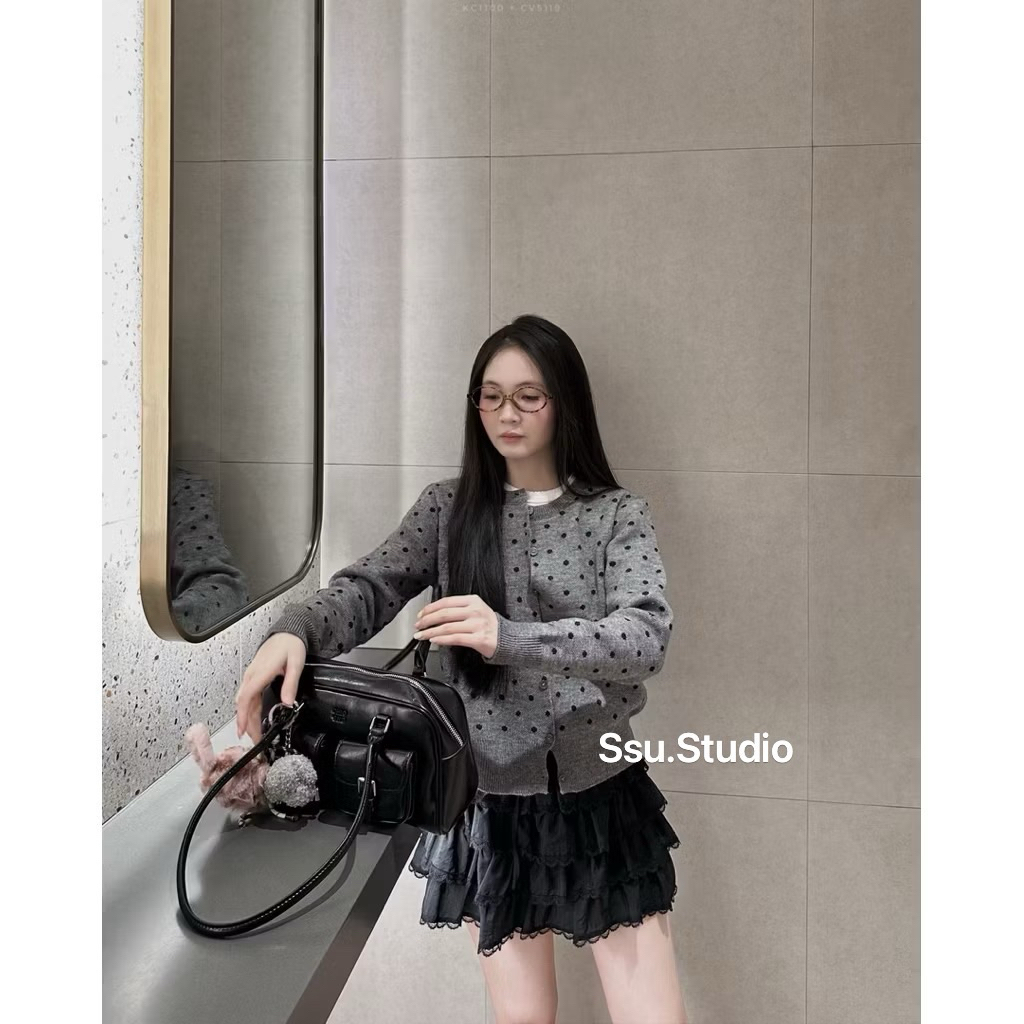 [Ssu.Studio] [CÓ SẴN]Áo khoác cardigan len dày chấm bi form vừa, áo khoác len dài tay nữ thu đông - L1100