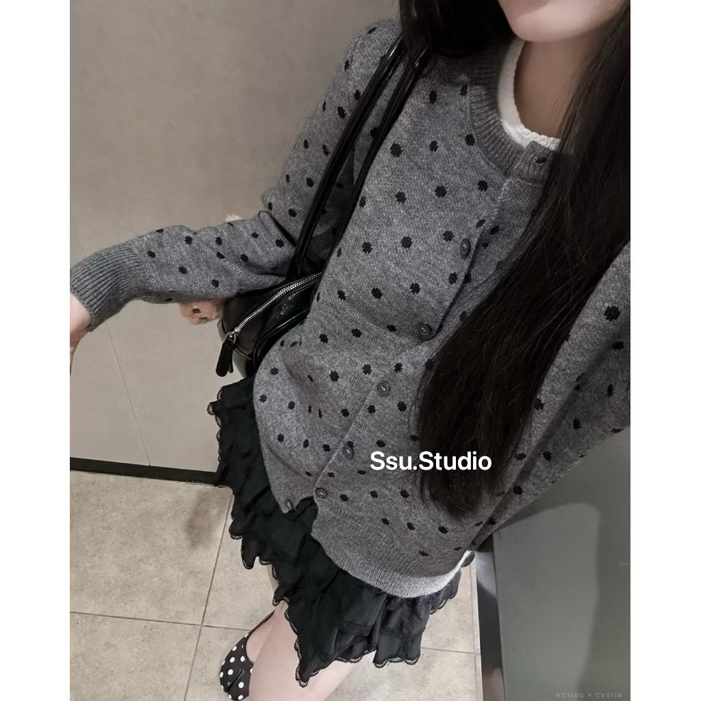 [Ssu.Studio] [CÓ SẴN]Áo khoác cardigan len dày chấm bi form vừa, áo khoác len dài tay nữ thu đông - L1100