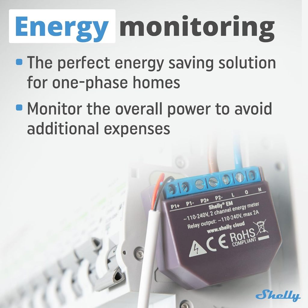 Shelly EM + Clamp Công tơ điện thông minh WiFi Đo lường năng lượng, điều khiển contactor, cảnh báo, lưu trữ