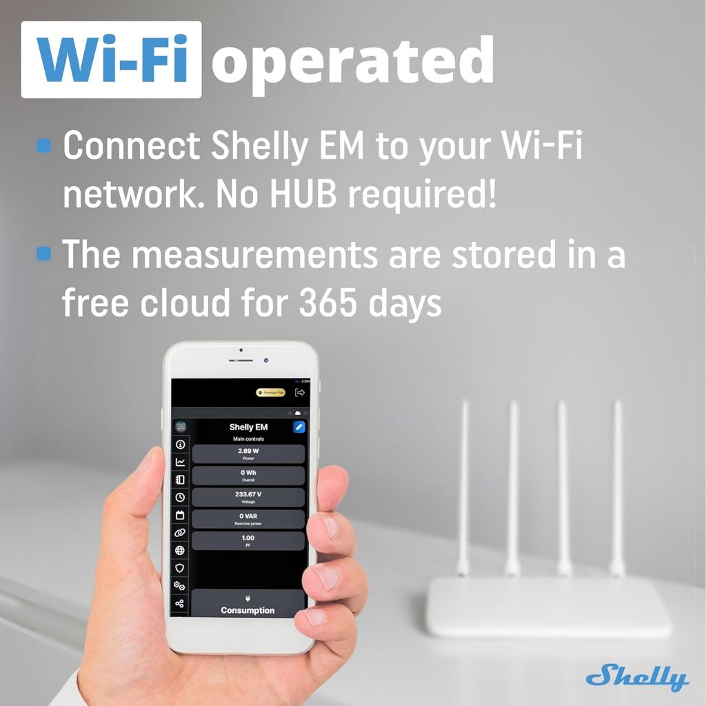 Shelly EM + Clamp Công tơ điện thông minh WiFi Đo lường năng lượng, điều khiển contactor, cảnh báo, lưu trữ
