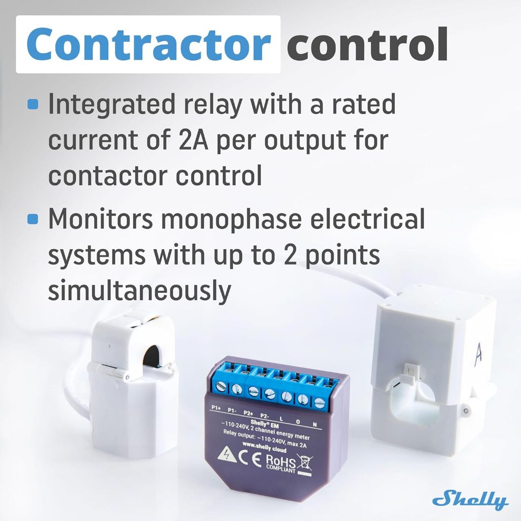 Shelly EM + Clamp Công tơ điện thông minh WiFi Đo lường năng lượng, điều khiển contactor, cảnh báo, lưu trữ