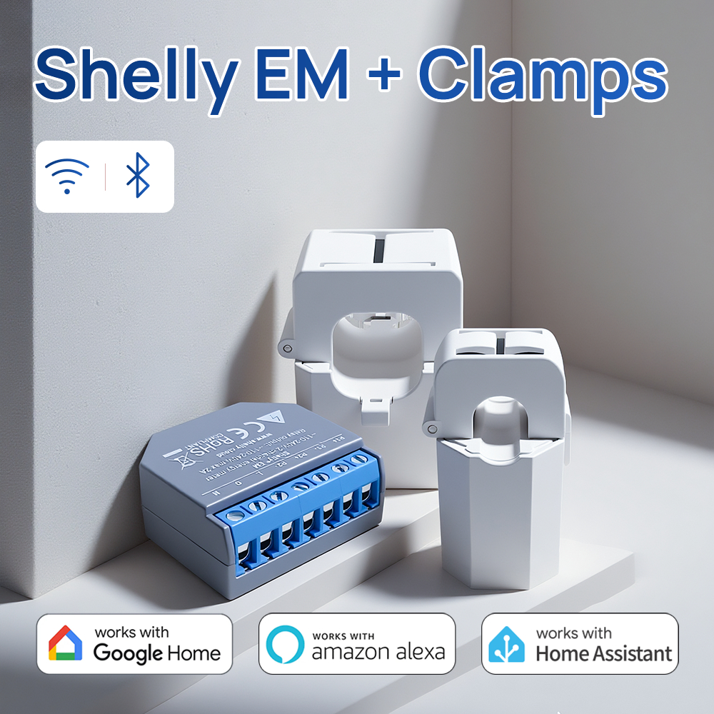 Shelly EM + Clamp Công tơ điện thông minh WiFi Đo lường năng lượng, điều khiển contactor, cảnh báo, lưu trữ