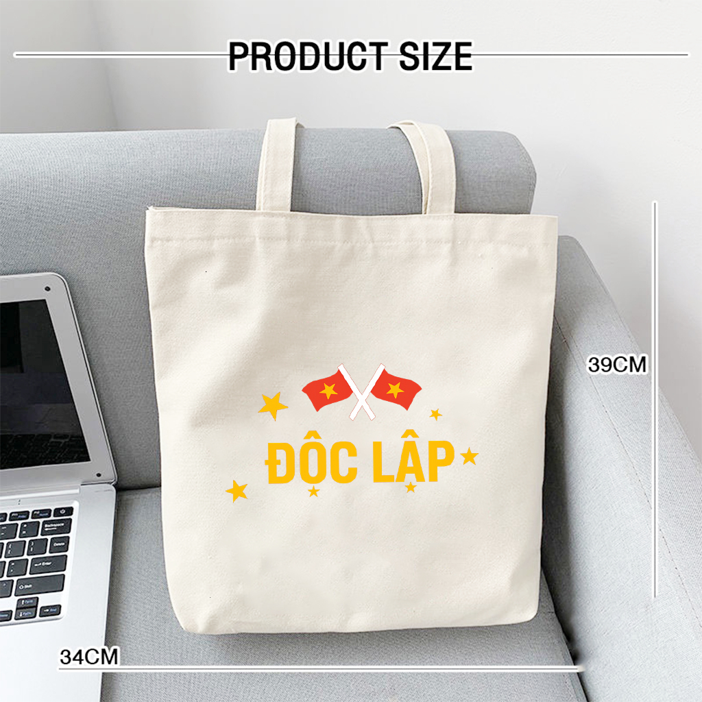 Túi tote có khóa kéo không khóa kéo lá cờ ĐỘC LẬP túi vải canvas đeo vai đi chơi kích thước 35x40cm tota0234