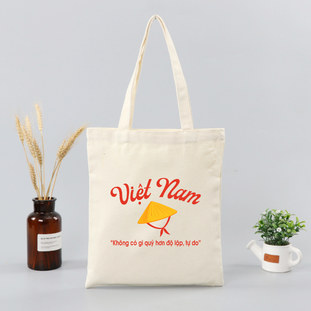 Túi tote có khóa kéo không khóa kéo hình nón Độc Lập Tự Do Hạnh Phúc túi vải canvas đeo vai đi chơi 35 x 40cm tota0230