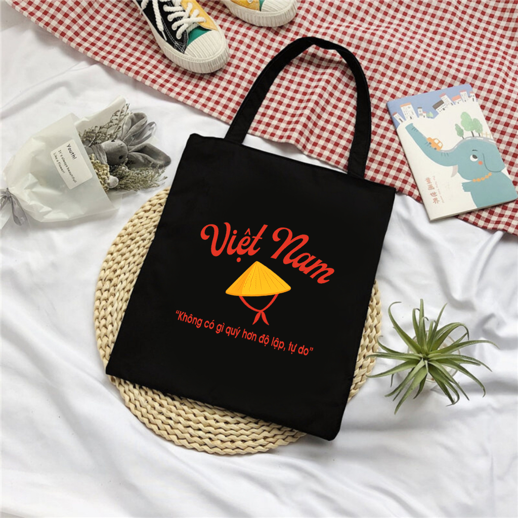 Túi tote có khóa kéo không khóa kéo hình nón Độc Lập Tự Do Hạnh Phúc túi vải canvas đeo vai đi chơi 35 x 40cm tota0230