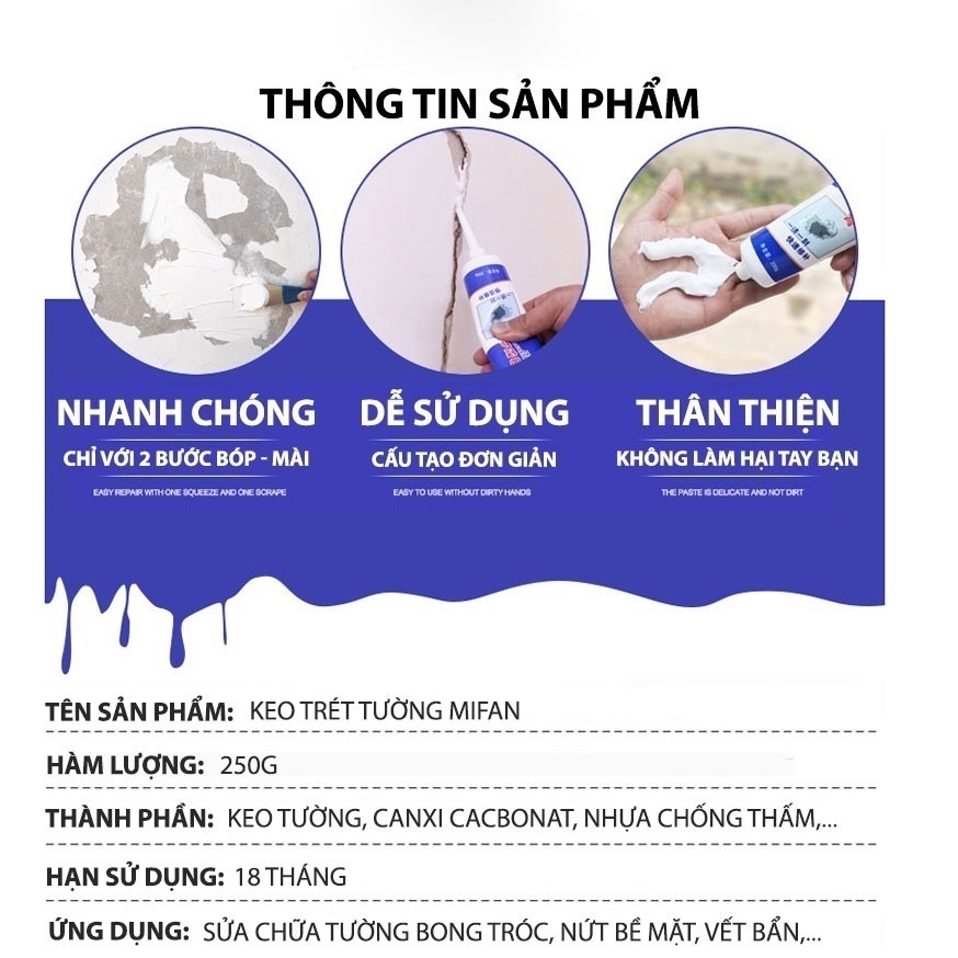 Tuýp Keo Vá Tường, Trám Vết Nứt, Khe Hở Trên Bề Mặt Tường Đa Năng (250g) - Chống Mốc Ẩm Làm Sạch Tường