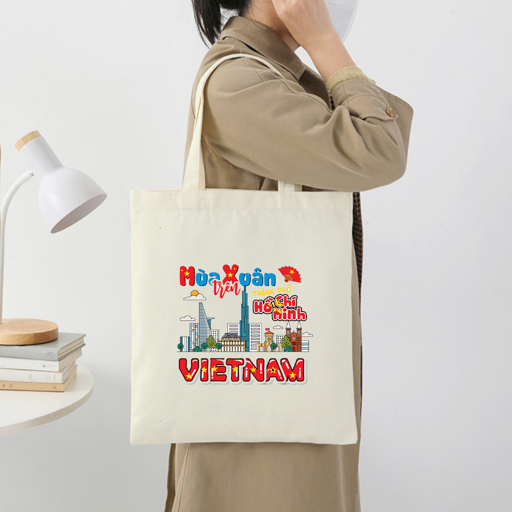 Túi tote có khóa kéo không khóa kéo Mùa Xuân Hồ Chí Minh túi vải canvas đeo vai đi chơi kích thước 35 x 40cm tota0228