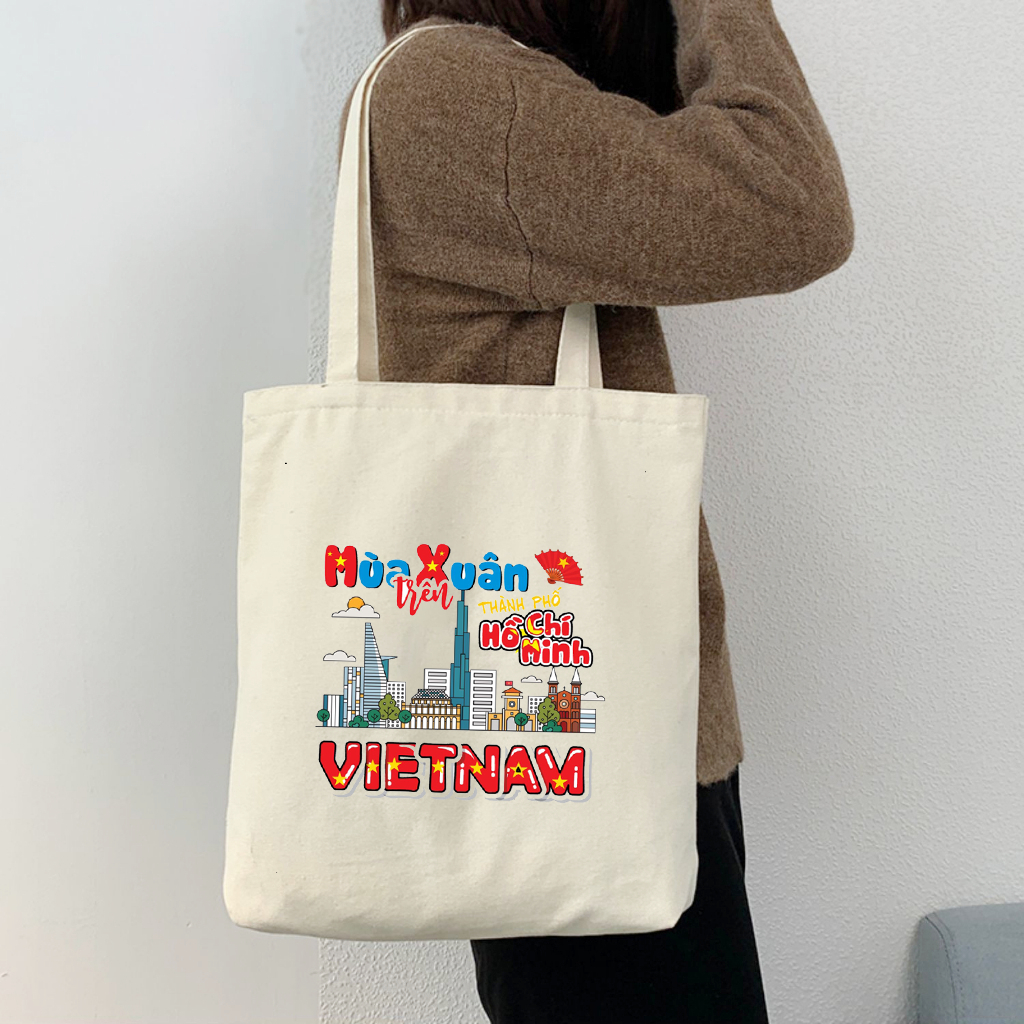 Túi tote có khóa kéo không khóa kéo Mùa Xuân Hồ Chí Minh túi vải canvas đeo vai đi chơi kích thước 35 x 40cm tota0228