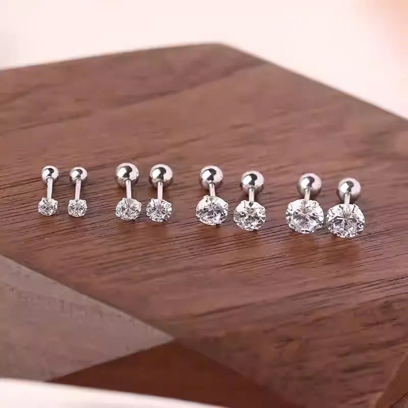 Khuyên tai nam bạc thiết kế chốt bi vặn đính nụ đá nhiều size đơn giản, cá tính | GEMY SILVER K190
