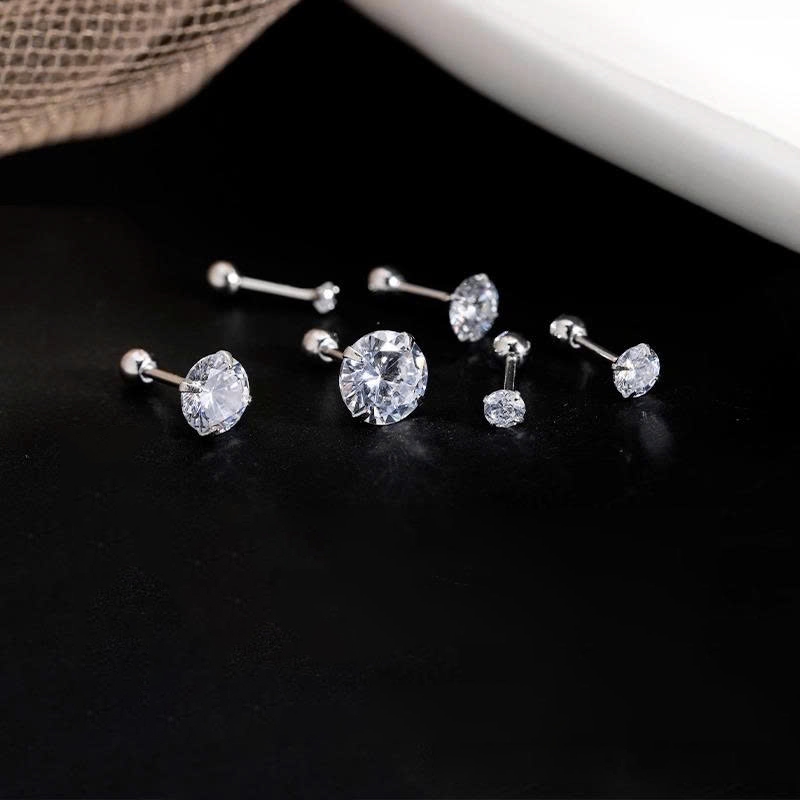 Khuyên tai nam bạc thiết kế chốt bi vặn đính nụ đá nhiều size đơn giản, cá tính | GEMY SILVER K190