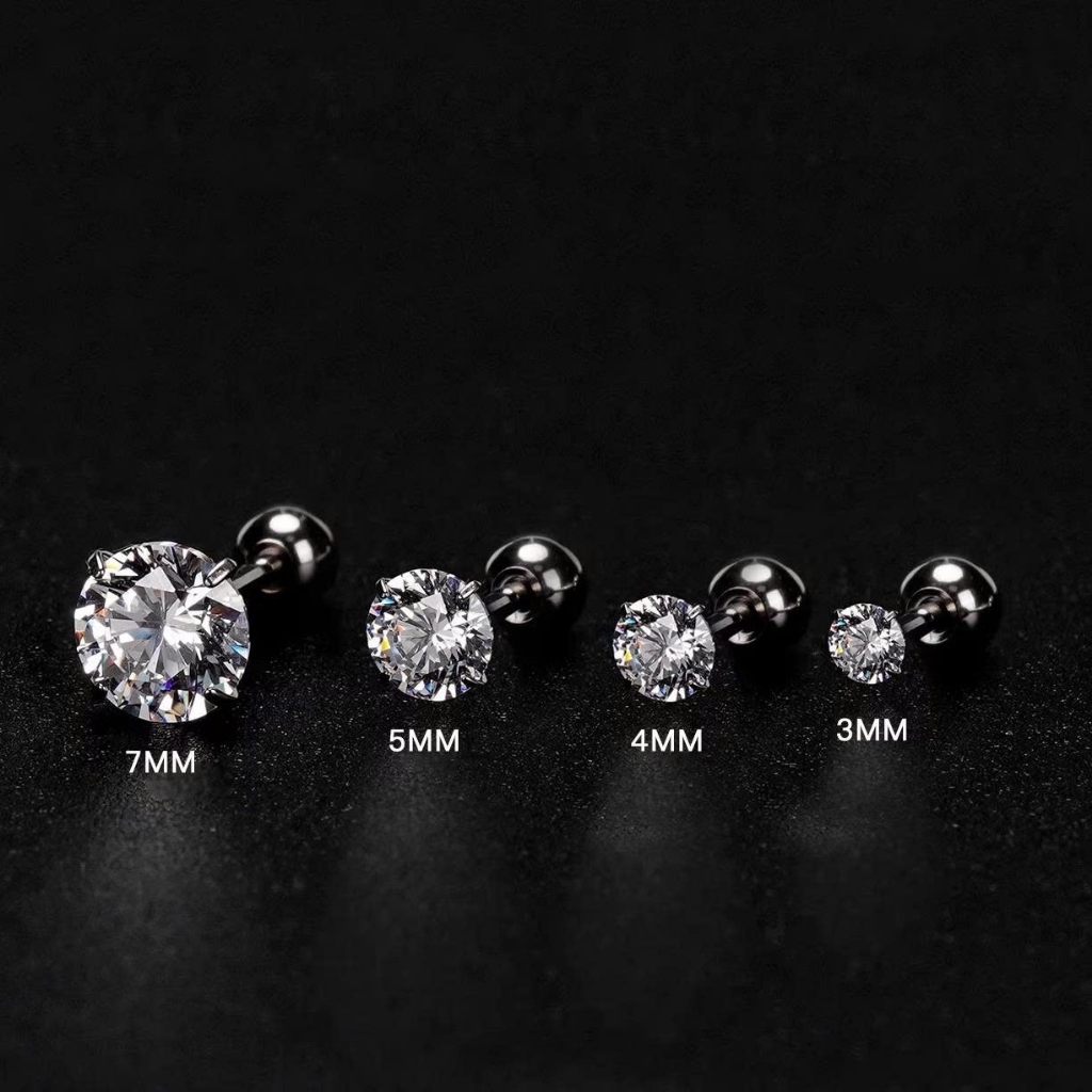 Khuyên tai nam bạc thiết kế chốt bi vặn đính nụ đá nhiều size đơn giản, cá tính | GEMY SILVER K190