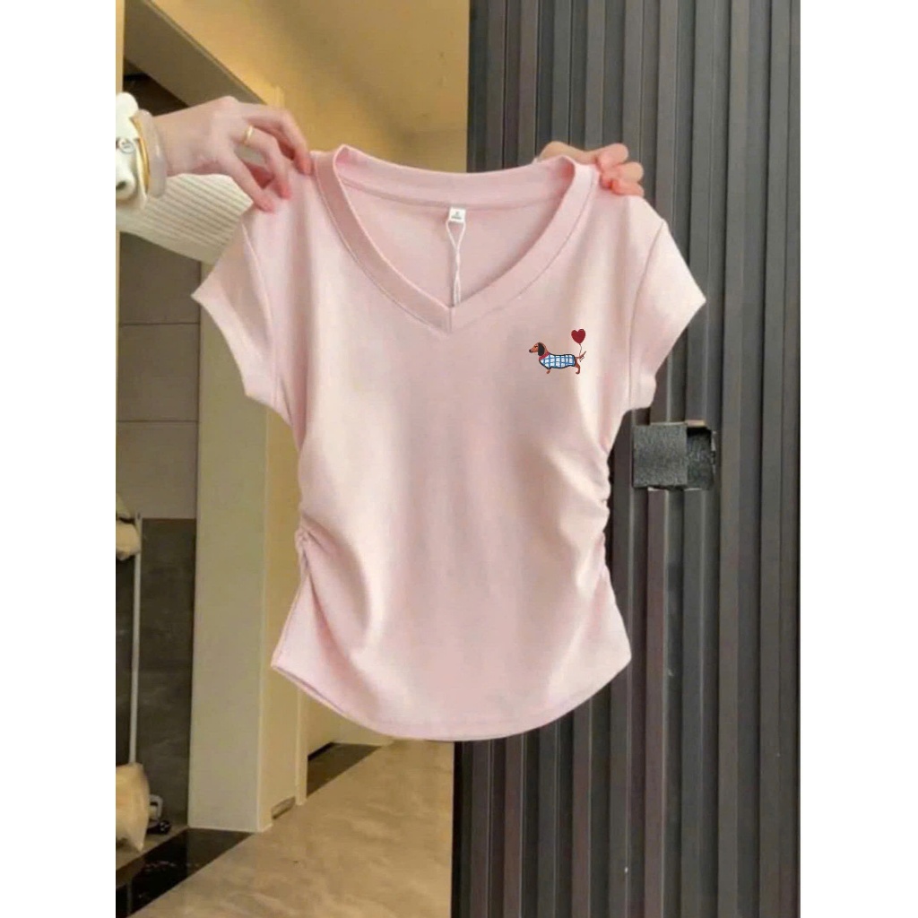 Áo thun nữ cổ tim Xượt rút sườn in hình siêu xinh JULY FASHION , Áo tim dây rút dáng vừa, chất thun xượt mềm mại