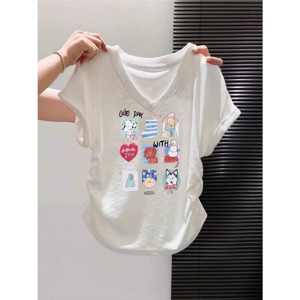 Áo thun nữ cổ tim Xượt rút sườn in hình siêu xinh JULY FASHION , Áo tim dây rút dáng vừa, chất thun xượt mềm mại