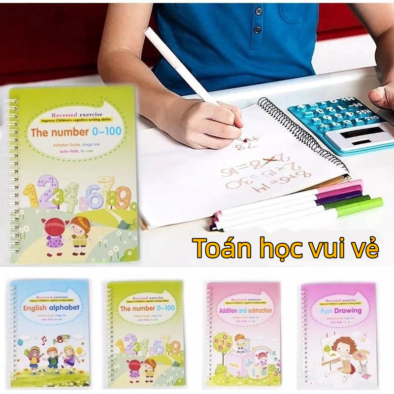 4 cuốn sách + 5 bút Ma thuật thực hành Copybook miễn phí lau Children's Ma thuật Ma thuật viết dán Phiên bản tiếng Anh