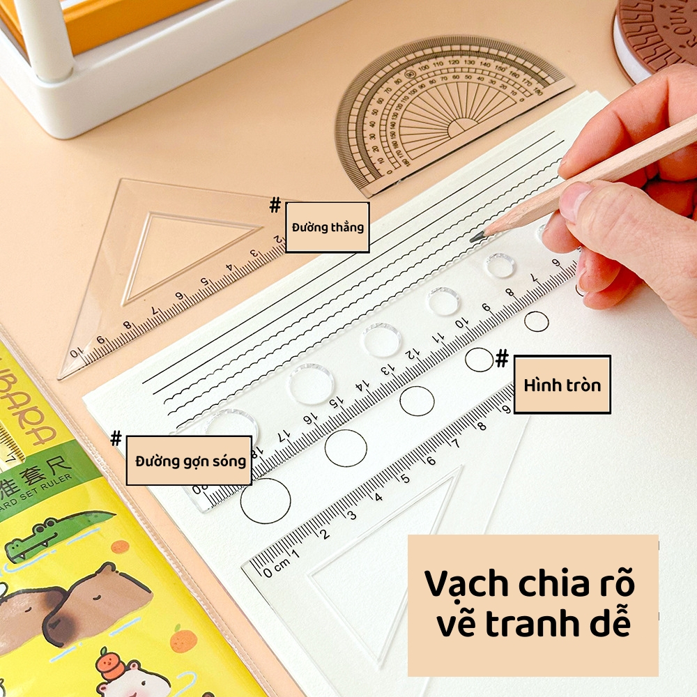 Bộ Thước Kẻ Đa Năng Hình Thú Ngộ Nghĩnh - Full Set [Thước Đo Góc, Thước 20cm, Thước Tam Giác]