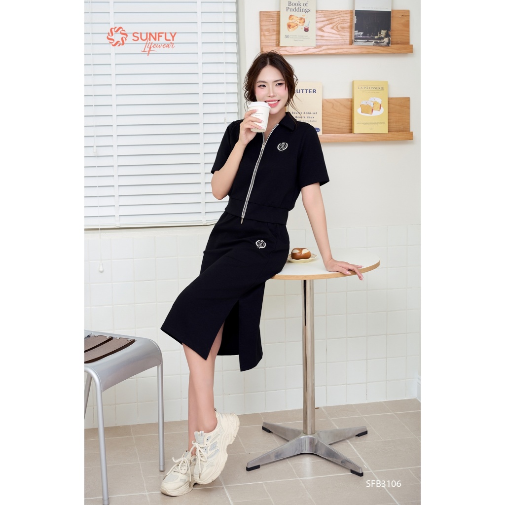 SFB3106 Set đồ nữ poly cotton 2da áo cộc tay kéo khóa chân váy dài