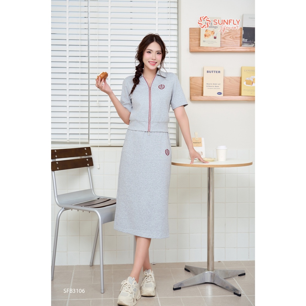 SFB3106 Set đồ nữ poly cotton 2da áo cộc tay kéo khóa chân váy dài