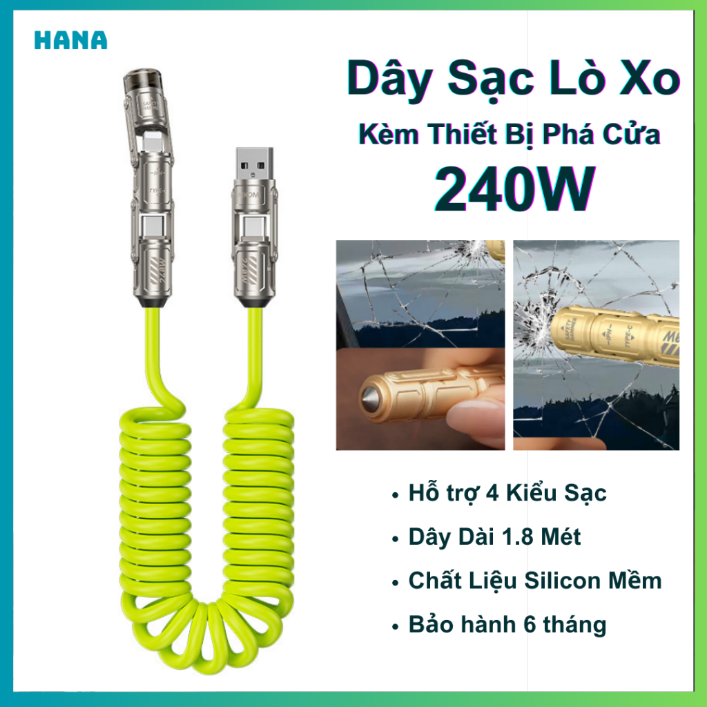 Dây cáp sạc nhanh lò xo - WDC 80 WEKOME - Kèm búa phá cửa - 4 in 1 240W – Lò xo co giãn - Có Carplay