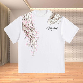 Áo thun unisex cotton high street lông vũ cánh chim in logo áo thun dáng rộng cảm giác cao cấp