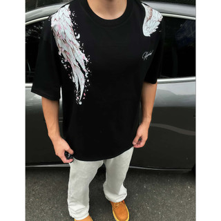 Áo thun unisex cotton high street lông vũ cánh chim in logo áo thun dáng rộng cảm giác cao cấp